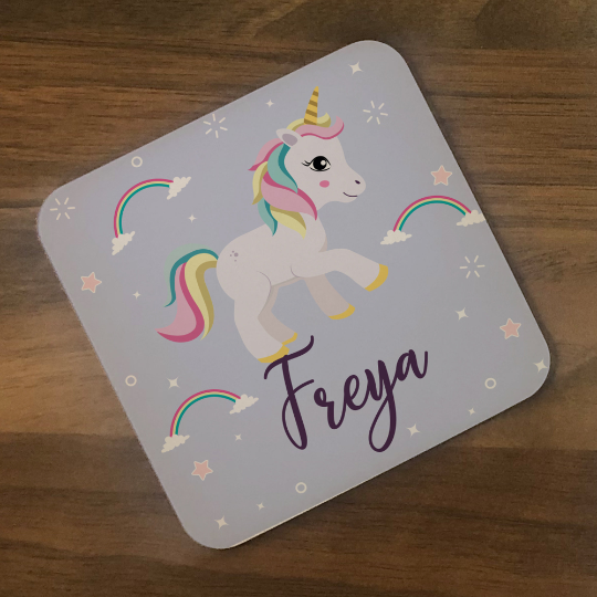 Personalised Kids Hardboard Placemat and Coaster Set Unicorn Sparkle Design