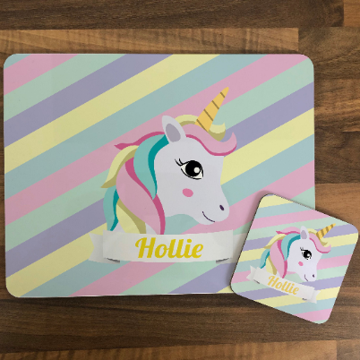 Personalised Kids Hardboard Placemat and Coaster Set Striped Unicorn Design