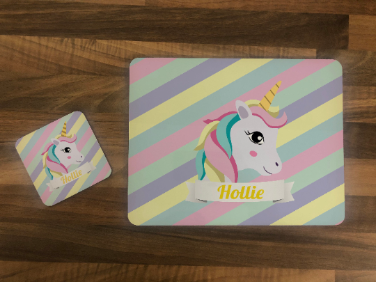 Personalised Kids Hardboard Placemat and Coaster Set Striped Unicorn Design