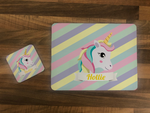 Personalised Kids Hardboard Placemat and Coaster Set Striped Unicorn Design