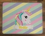 Personalised Kids Hardboard Placemat and Coaster Set Striped Unicorn Design