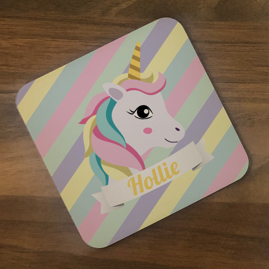 Personalised Kids Hardboard Placemat and Coaster Set Striped Unicorn Design