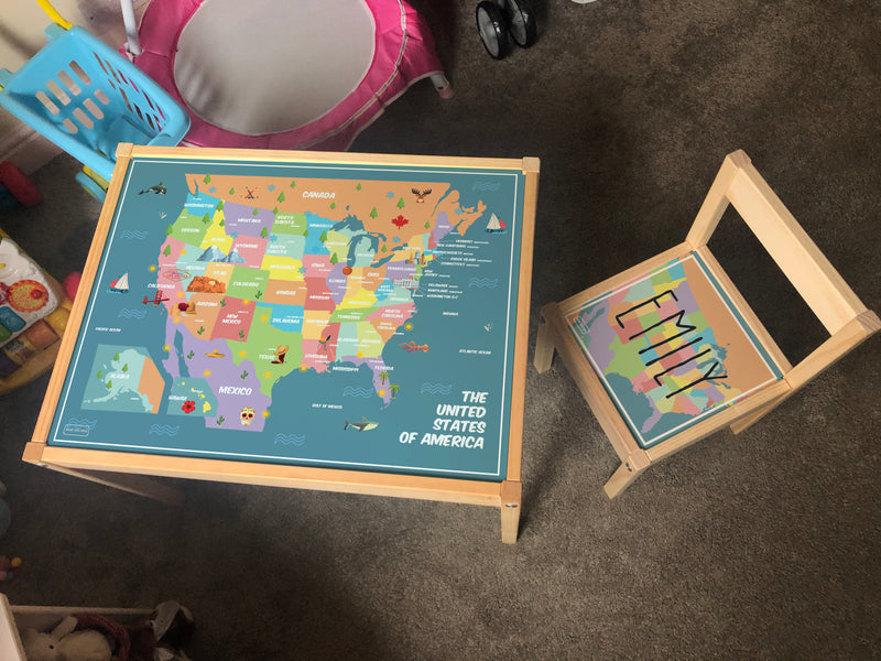 Personalised Children's Ikea LATT Wooden Table and 1 Chair Printed USA Map