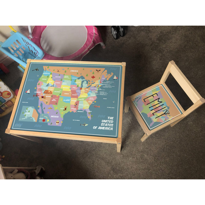 Personalised Children's Table and 1 Chair STICKER USA Map Design