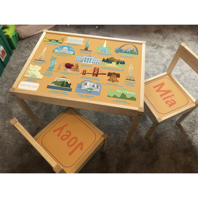Personalised Children's Table and 2 Chair STICKER USA Landmarks Design