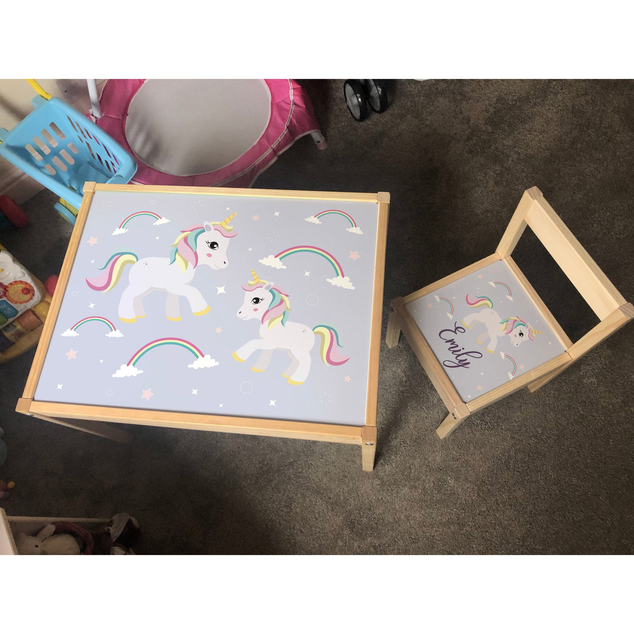 Personalised Children's Table and 1 Chair Printed Unicorn Sparkle Design