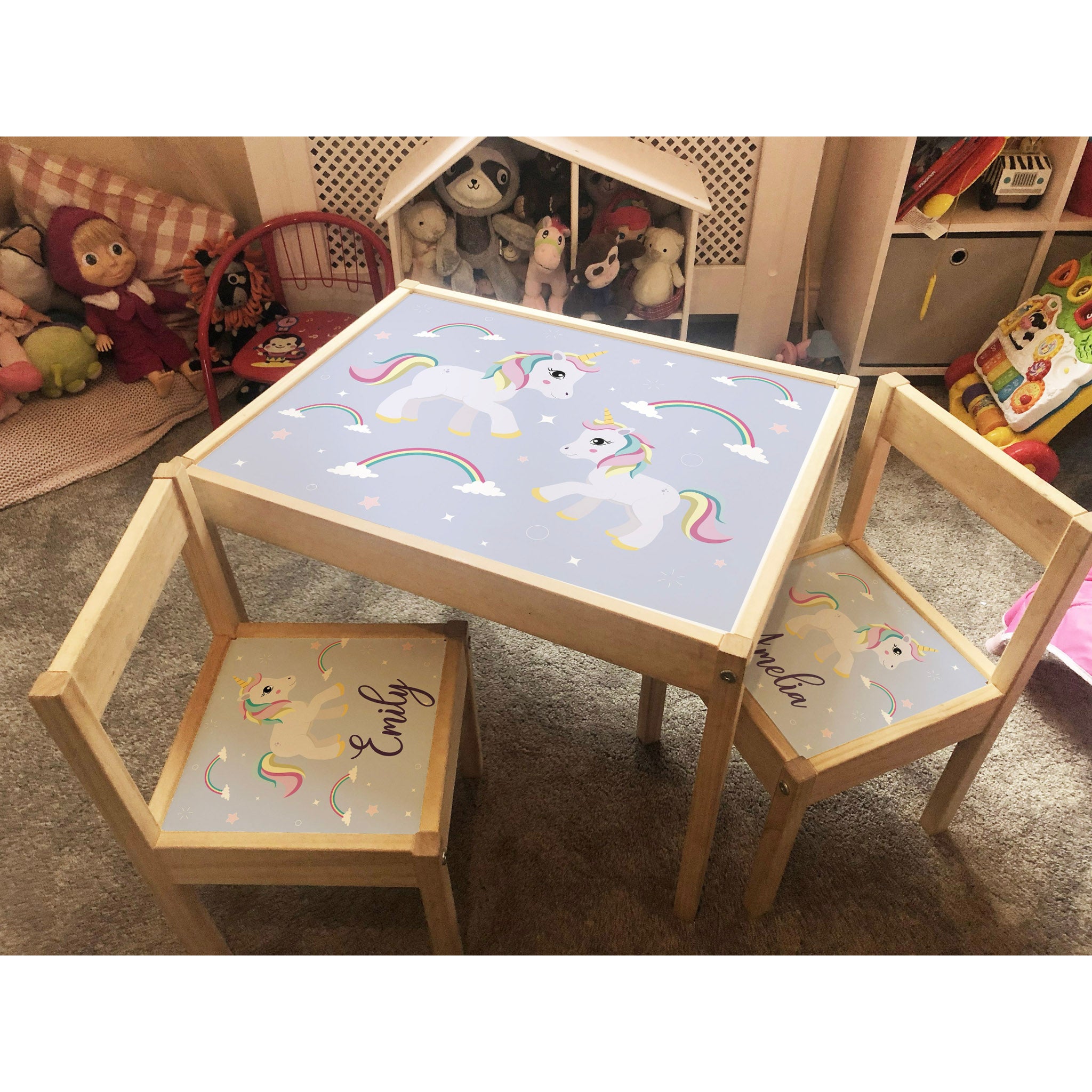 Personalised Children's Table and 2 Chairs Printed Unicorn Sparkle Design