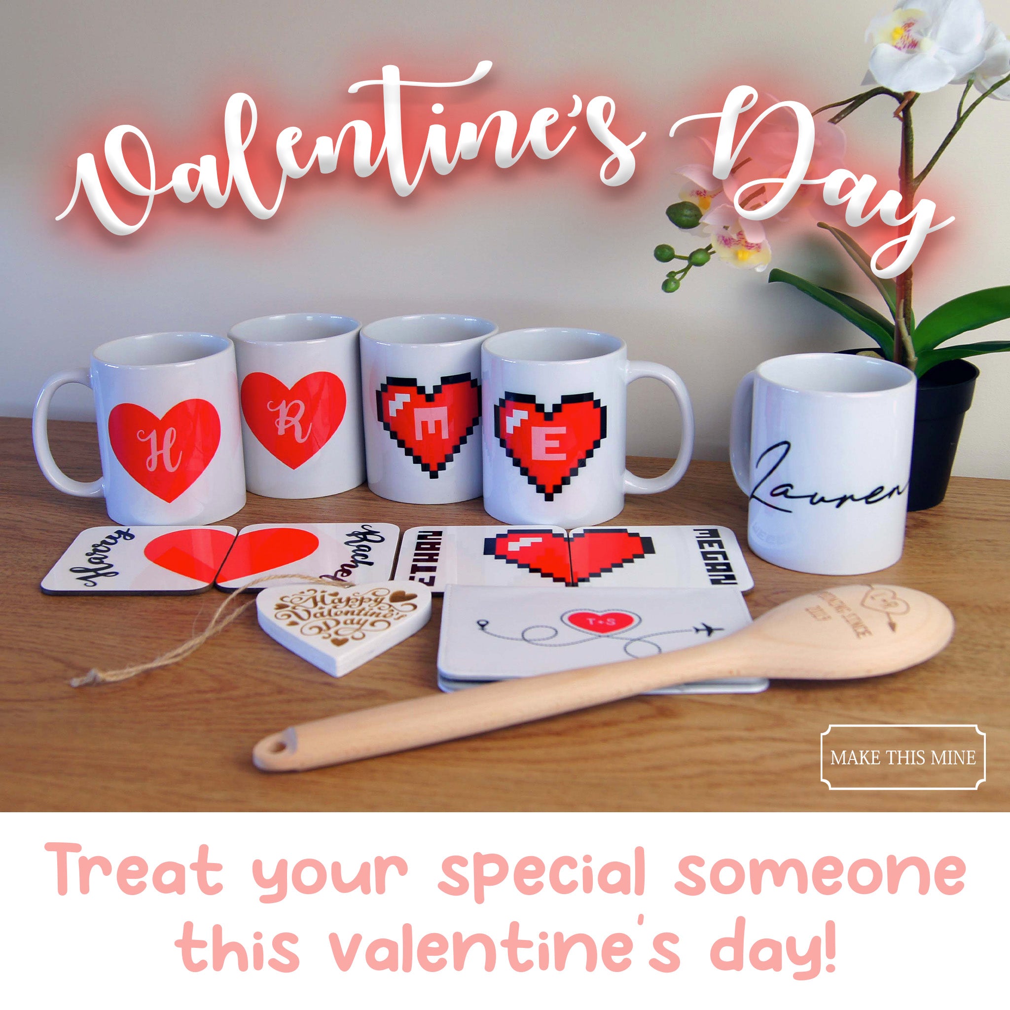 Personalised Valentine's Day 2 x Couples Mug & Coaster Set - Pixel Gamer Heart