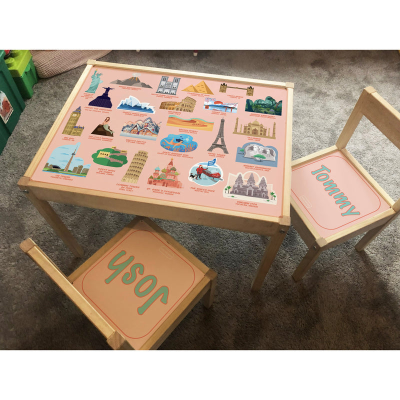 Personalised Children's Table and 2 Chairs Printed World Landmarks Design