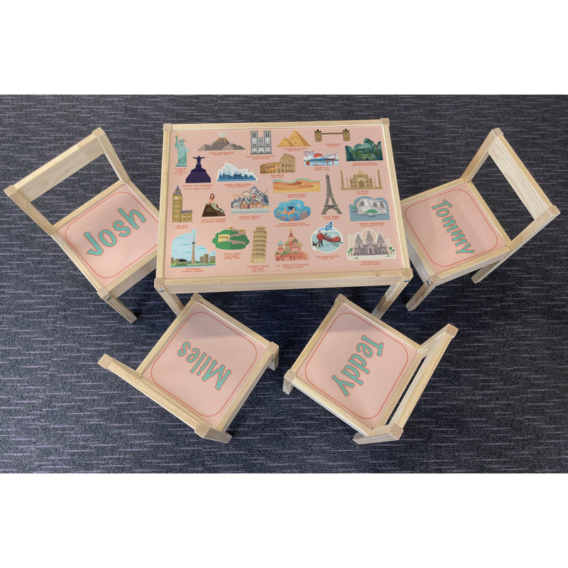 Personalised Children's Table and 4 Chairs Printed World Landmarks Design