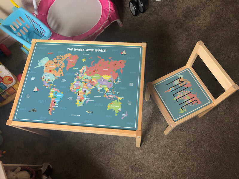 Personalised Children's Table and 1 Chair Printed World Map Design