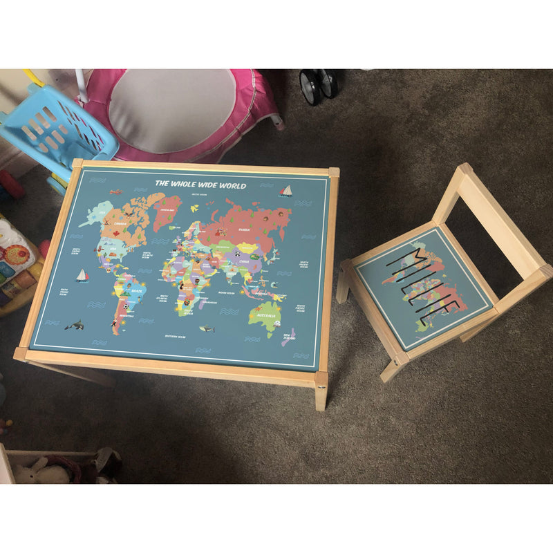 Personalised Children's Table and 1 Chair STICKER World Map Design