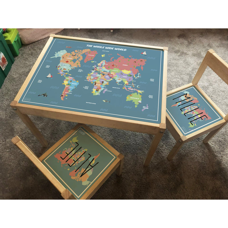 Personalised Children's Table and 2 Chairs Printed World Map Design