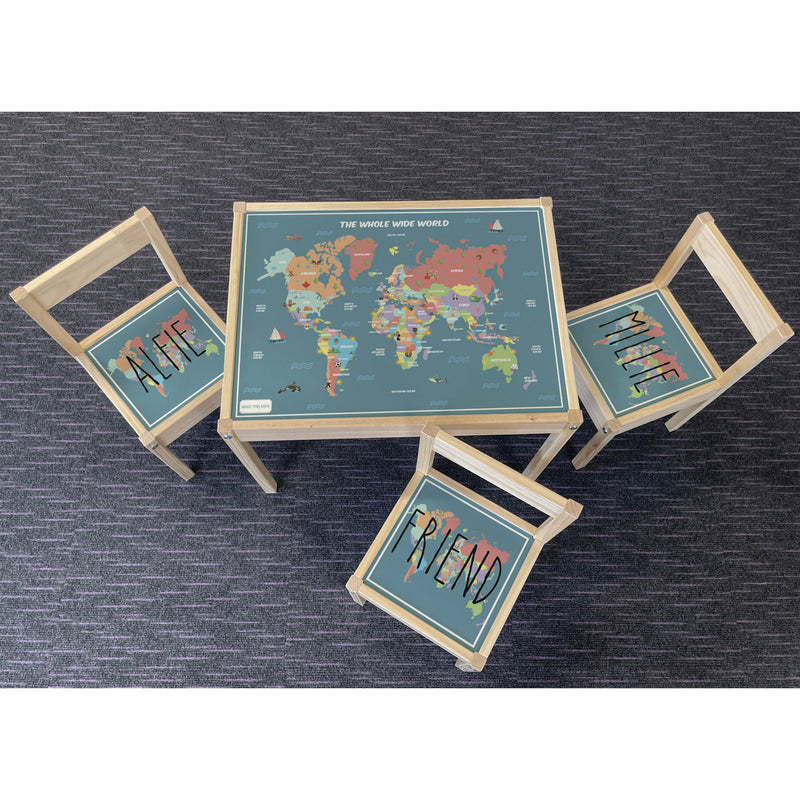 Personalised Children's Table and 3 Chairs Printed World Map Design