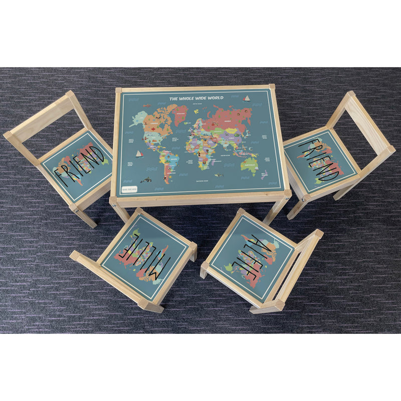 Personalised Children's Table and 4 Chairs Printed World Map Design