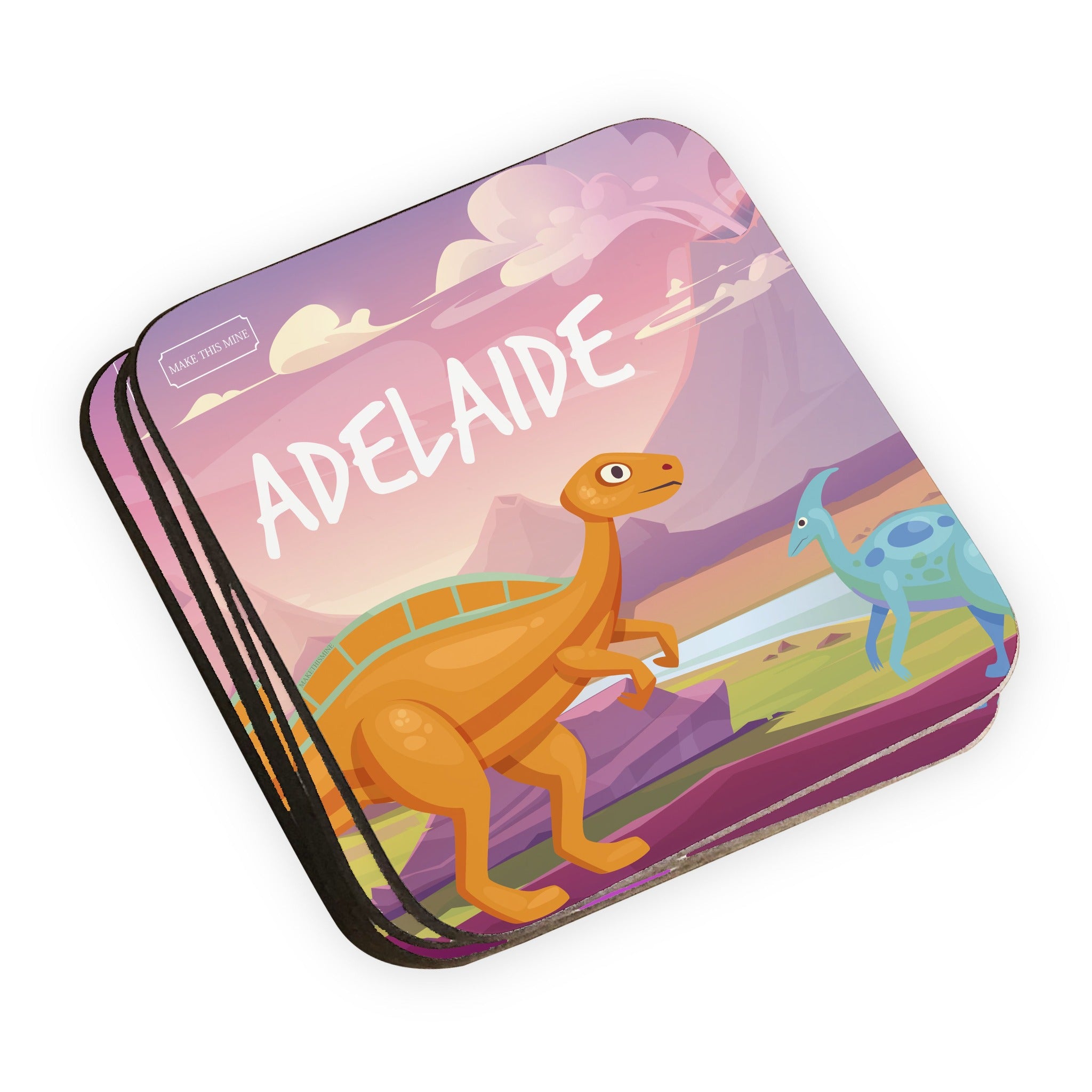 Personalised Children's Coasters - Pink Dinosaur